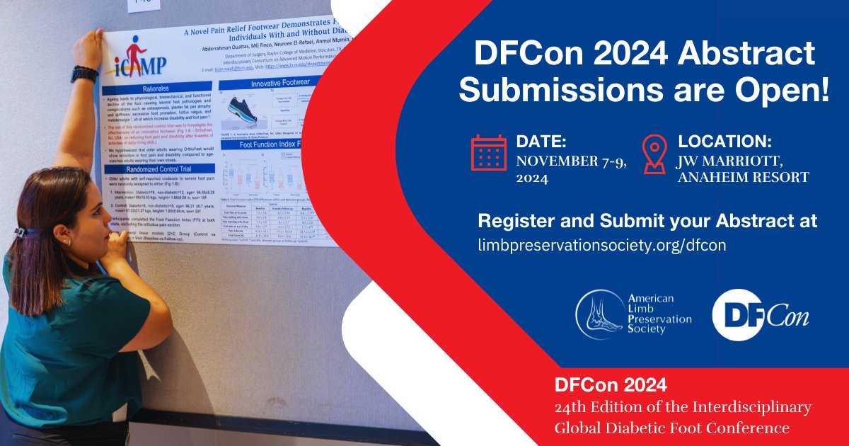 Abstract submissions for DFCon 2024 are now open! We invite all those engaged in limb preservation to submit an abstract for presentation at the upcoming DFCon 2024. The deadline to submit is September 1st! Get more info here: limbpreservationsociety.org/dfcon/agenda/a…