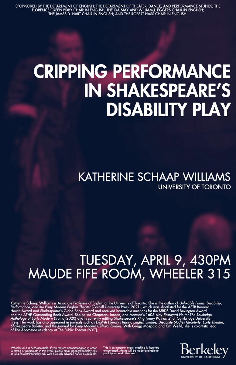 Don't forget: @katschawill is giving a talk tomorrow! Come see 'Cripping Performance in Shakespeare's Disability Play'— 4/9/24, 430pm, in the Maude Fife room/Wheeler 315. @UCBEnglish @BerkeleyTDPS @JuliaFawcett5 @UCBerkeley @UCBArtsHum Info at: tinyurl.com/4ucudjn8