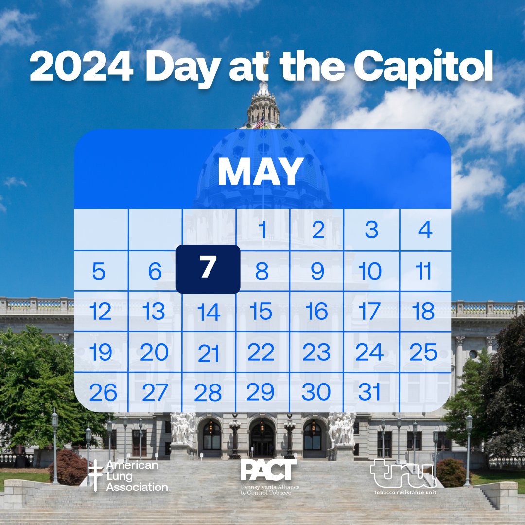 ALAPACT's tweet image. On May 7 we are in Harrisburg to speak with legislators on tobacco control! Learn more about what we’ll be doing for #DATC2024: pactonline.org #CleanAirforALL #SaveMSAinPA