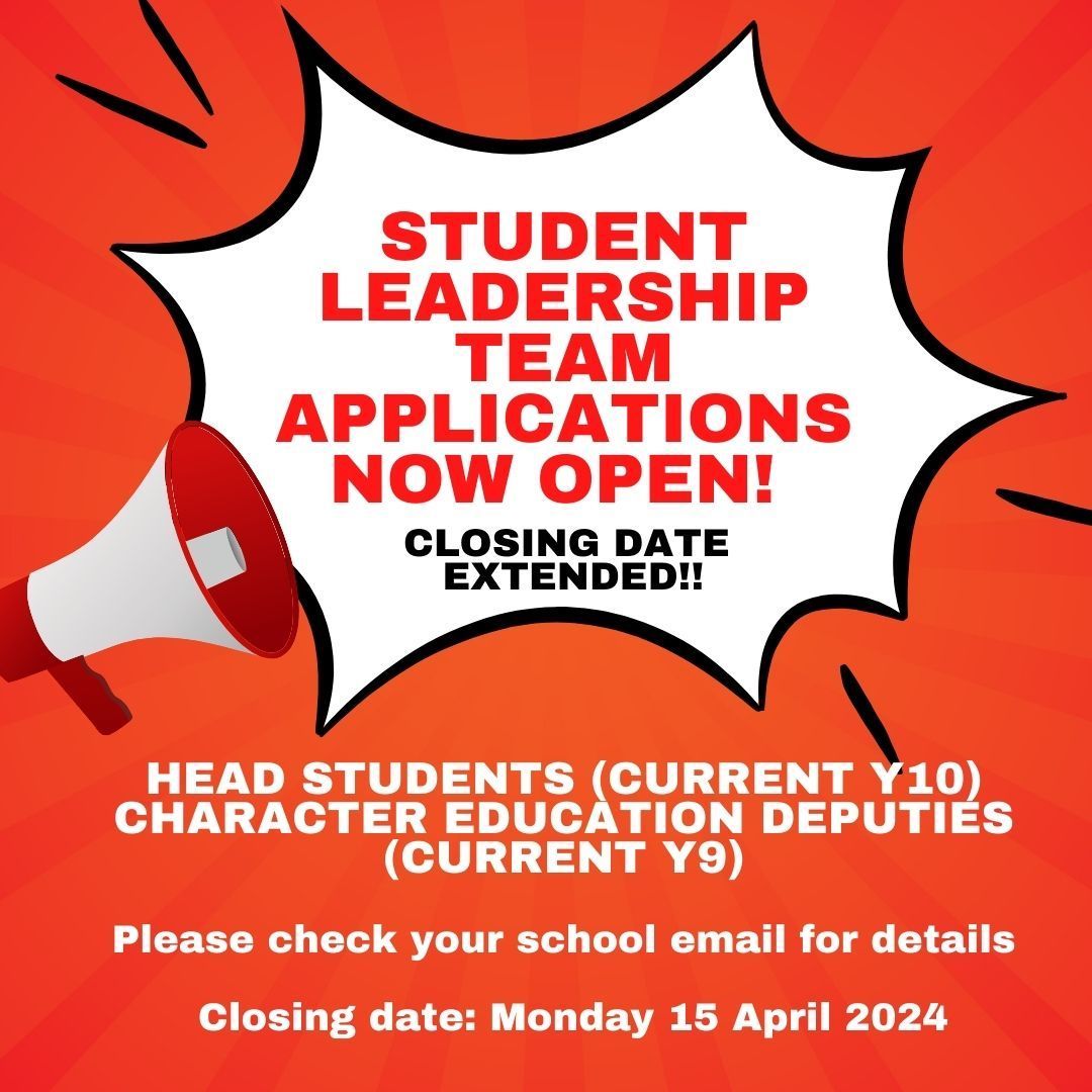 Thank you to the students who have sent through their applications for Head Student and Character Education Deputy leads. The closing date for applications is now Monday 15 April. #AimHighWorkHardBeKind