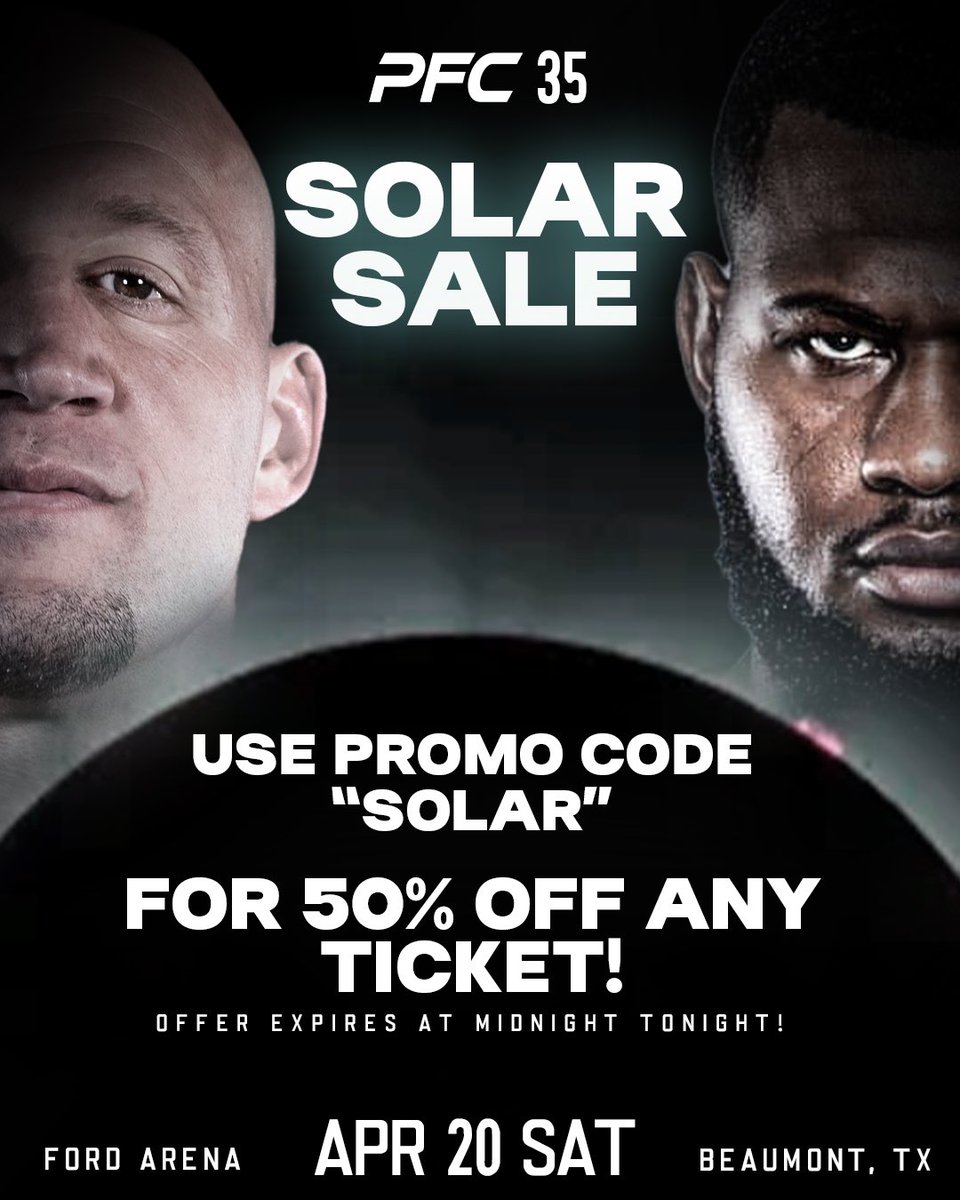 All tickets are 50% off until midnight tonight! Tickets are available at peakfighting.com Once you’re on the ticket page, click the unlock tab and enter code SOLAR to unlock these huge savings! #peakfighting #pfc #mma #solareclipse #savings #deal #sale #tickets #solar