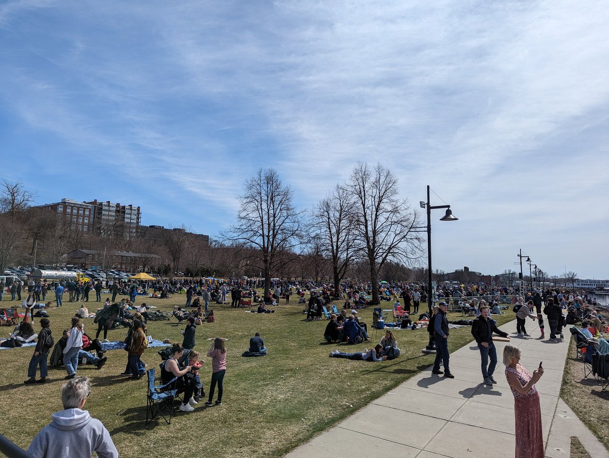 So excited because we're just 30 min away from the start of #Eclipse2024 in #btv #vt! We're on the air with a special report from 3-4 on @wcax from the Waterfront! Join @JessWCAX and @bobbyisotopes for this solar spectacle!