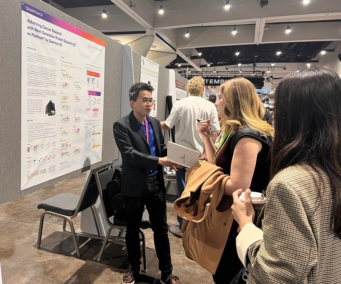 Just started! Our own Kendrick Nguyen, Ph.D. presenting @Qauntum_Si’s poster until 12:30pm PT at @AACR: “Advancing Cancer Research with Next-Generation Protein Sequencing™ on Platinum® by Quantum-Si.” quantum-si.com #AACR24 #CancerResearch #SanDiego #QSI #proteomics