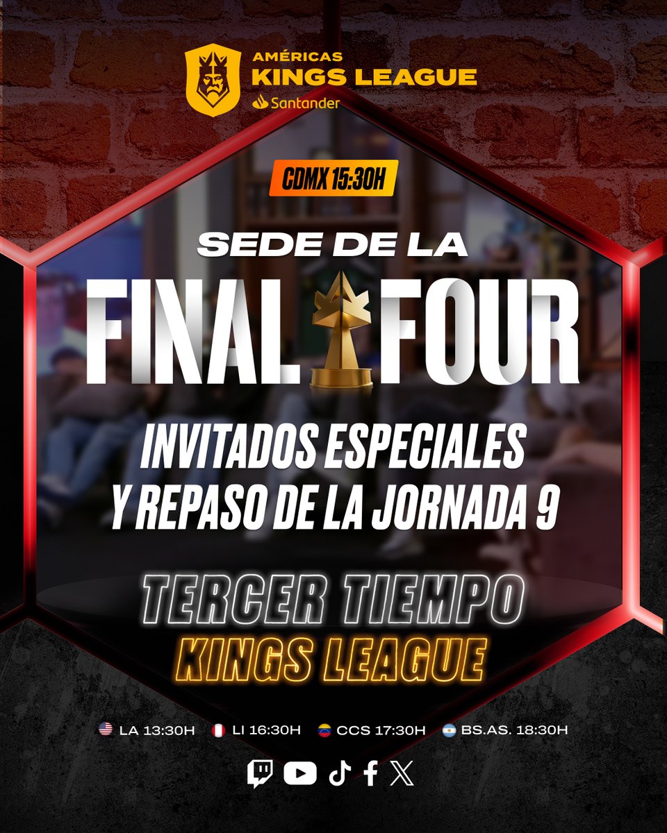 HOY HAY TERCER TIEMPO 🚨 ¡Revelaremos la sede de la FINAL FOUR! 🏟️​ Invitados especiales ​👀​ Repaso de la JORNADA 9 ⚽​ 15:30h 🇲🇽​ ➡️​ twitch.tv/kingsleagueame…