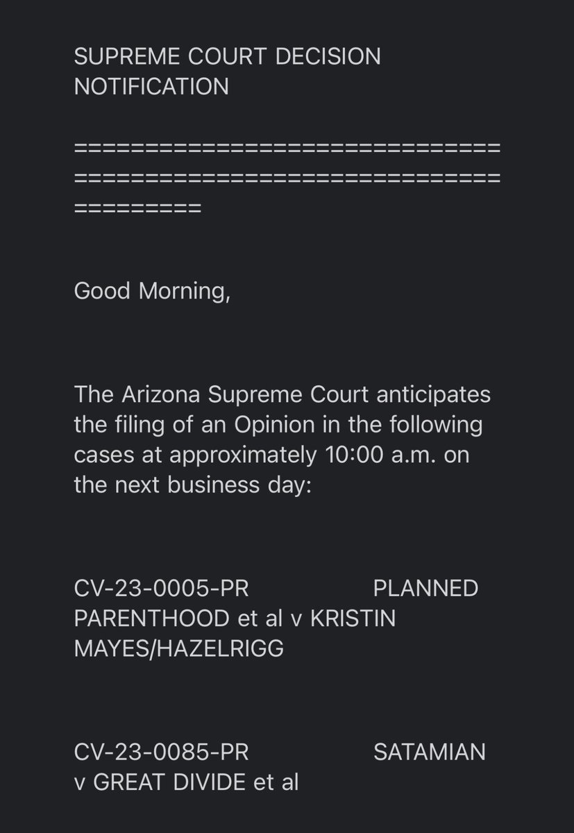 Breaking: The Arizona State Supreme Court is expect to issue its ruling tomorrow on the Civil War era law that that bans nearly all abortions.