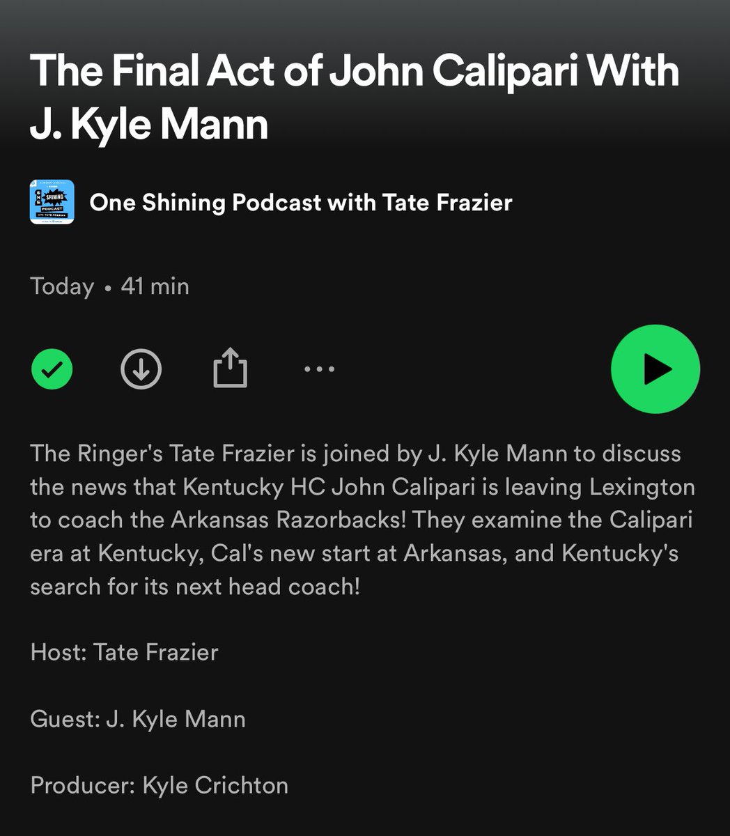 New @oneshiningpod with @jkylemann breaking down John Calipari’s final act in Camelot and what’s next for Kentucky Basketball! Listen: open.spotify.com/episode/1cNRu9…