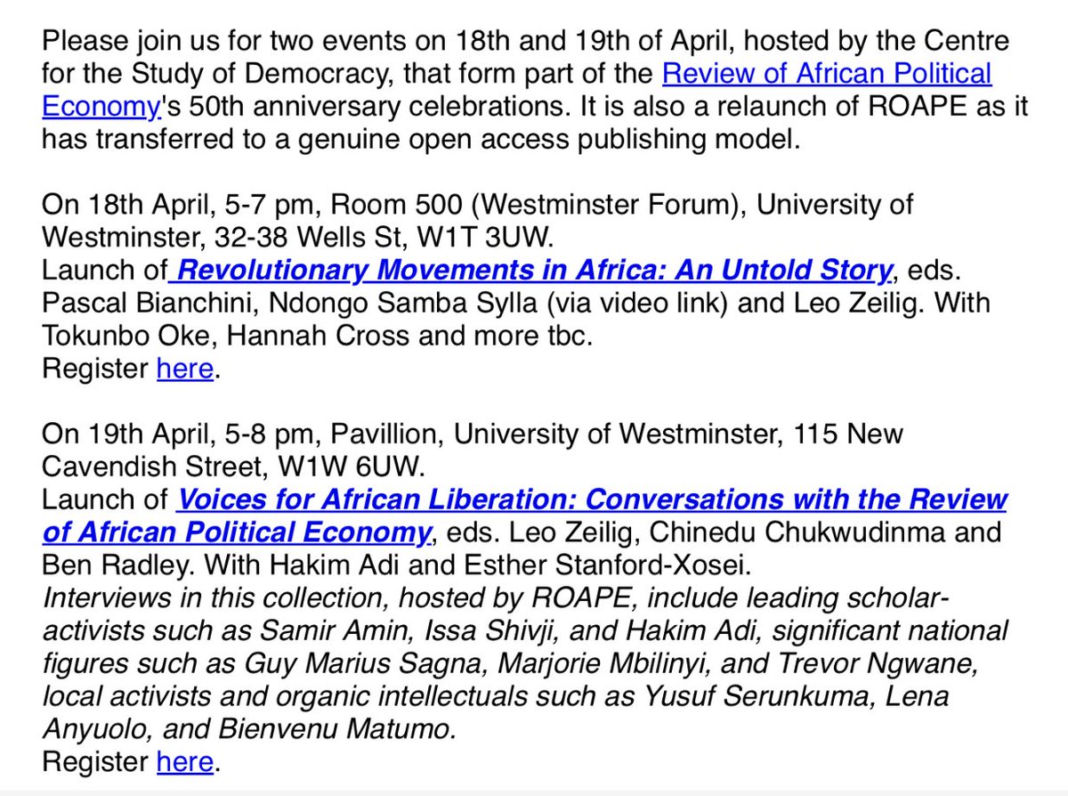 Book launch: Revolutionary Movements in Africa: An Untold Story. Event organised by Dr Hannah Cross in collaboration with @ROAPEjournal Details below, register at link please -- westminster.ac.uk/events/book-la…