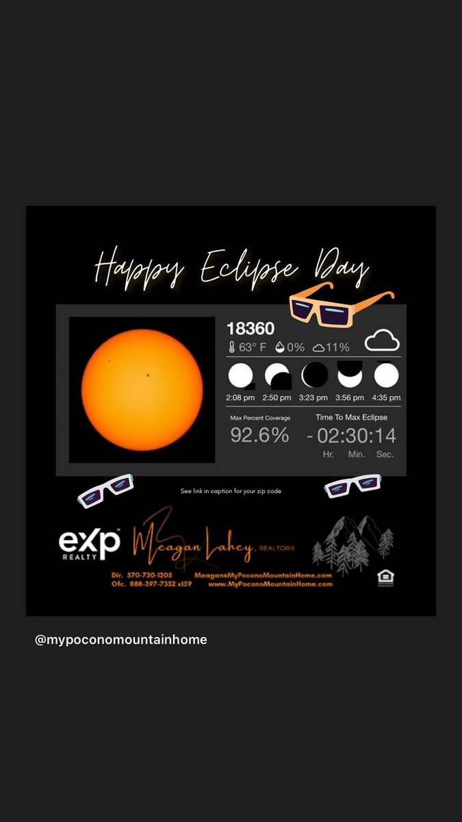 🌗🌘🌑🌒🌔 How/when to watch the solar eclipse in the #Poconos! 

Time/place: science.nasa.gov/eclipses/futur…

From space: star.nesdis.noaa.gov/GOES/conus_ban…

#AskMeagan, your resourceful #PoconoMountains REALTOR®️!

#seeyouaroundtown! 🏞️

#PoconoMtns #poconorealestate #poconorealtor #solareclipse