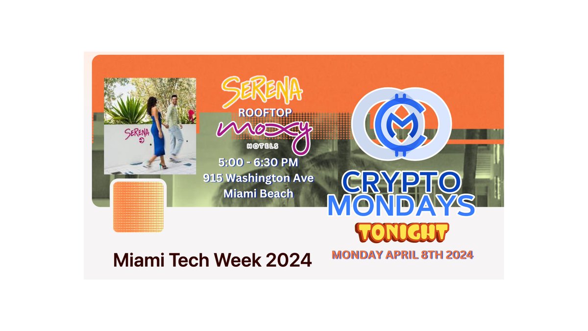 Who's in Miami for @MiamiTechWeek? Join our @Crypto_Mondays_ Miami Team tonight at this awesome FREE!!! event ... RSVP here meetup.com/cryptomondaysm…