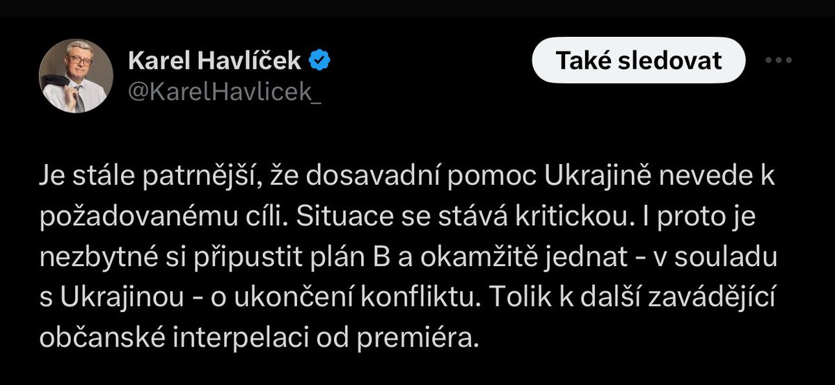 Karel Chcimír Havlíček říká jen jedno: „Ukrajino, odevzdej Krym a Donbas a ohni hřbet.“ Putin se směje. 👎🏻