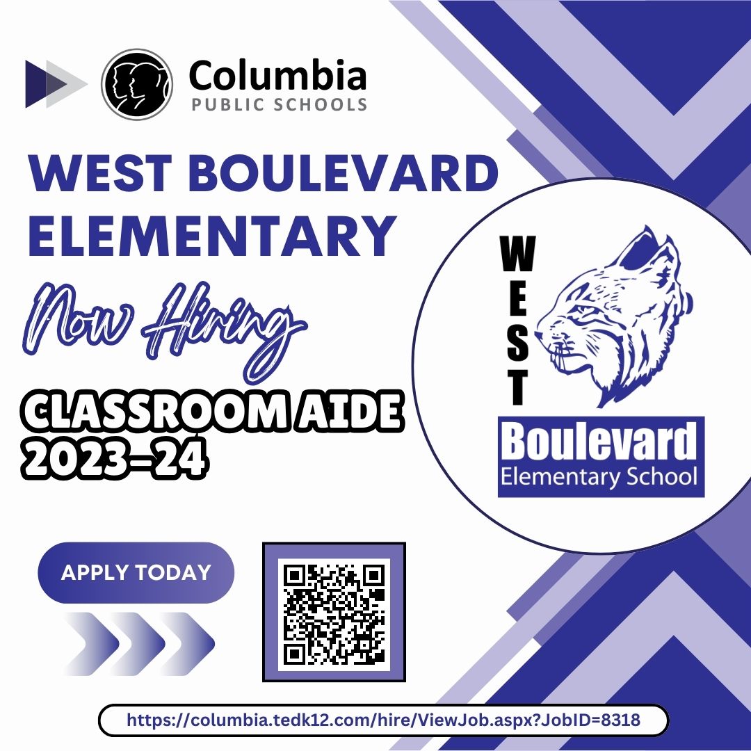 West Boulevard Elementary is in search of a Classroom Aide! If you or someone you know is interested, apply today! columbia.tedk12.com/hire/ViewJob.a… #CPSBest #ScholarsFirst