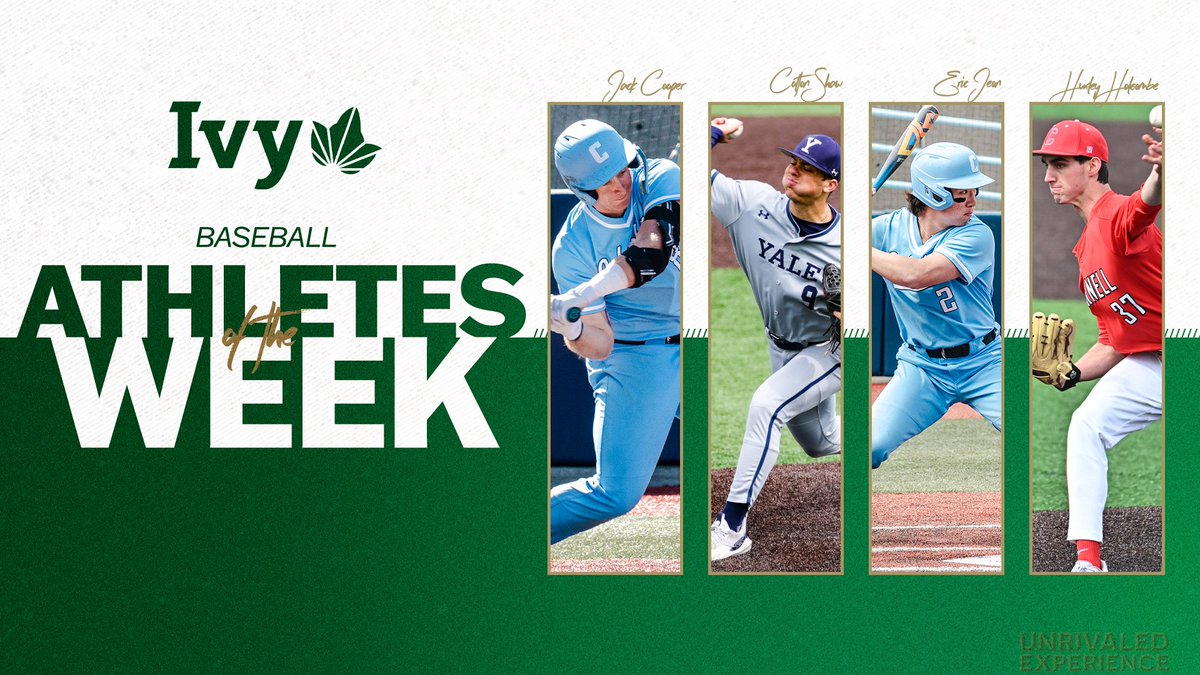 After strong performances, @CULionsBaseball's Jack Cooper (player), @YaleBaseball's Colton Shaw (pitcher), @CULionsBaseball's Eric Jeon (co-rookie) and @CornellBaseball's Huxley Holcombe (co-rookie) earned Ivy League weekly baseball honors.🌿⚾️ 📰 » ivylg.co/BASE040824