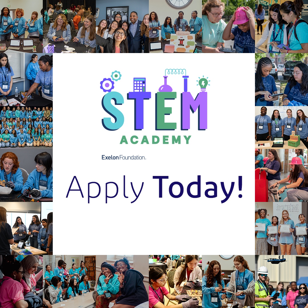 This week is the last chance to apply for the Exelon Foundation STEM Academy! 👩‍🔬 Girls in 10th and 11th grades can gain hands-on #STEM education, professional development and mentorship through this free program. Apply by April 11: exelonstemacademy.org