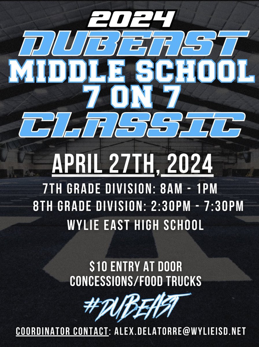 OPEN INVITE: We have plenty of available spots for our middle school 7-on-7 tournament coming up on April 27th. Please help me spread the word across EAST DFW and repost! #DUBeast