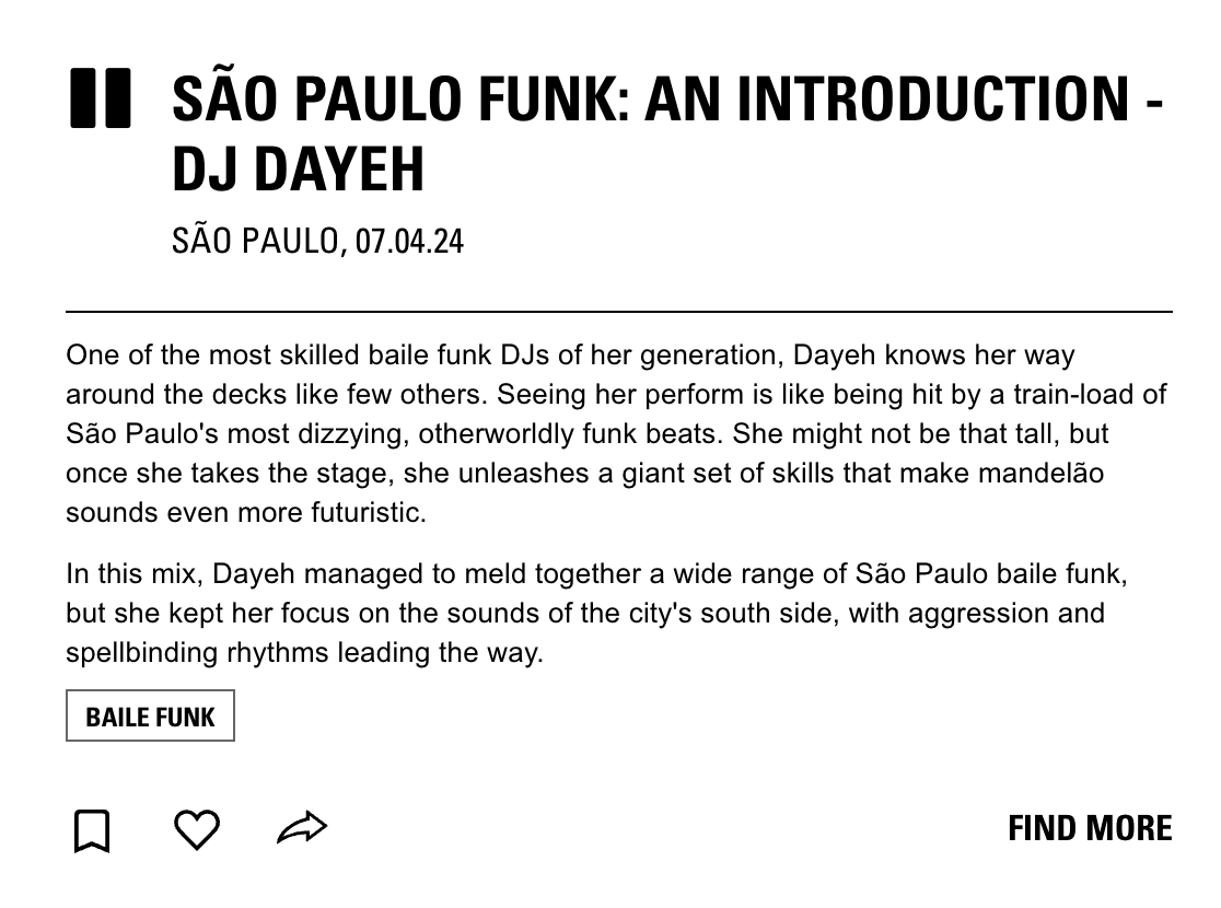 VOCES TEM NOÇAO QUE EH DE MIM QUE ELES TAO FALANDO ALI? @NTSlive 

'One of the most skilled baile funk DJs of her generation, Dayeh knows her way around the decks like few others. Seeing her perform is like being hit by a train-load of São Paulo's most dizzying, otherworldly funk…