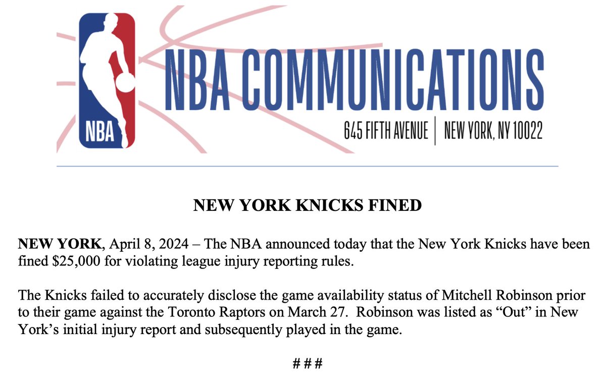 The following was released by the NBA: