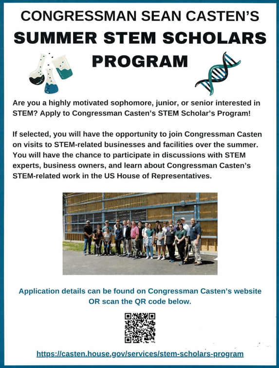 SUMMER OPPORTUNITY: Join @SeanCasten's STEM Scholars program to tour STEM facilities and businesses, as well have discussions with STEM leaders and experts in the area to help inform Congressman Casten's work in STEM legislation. Apply at casten.house.gov/services/stem-… by April 26th!