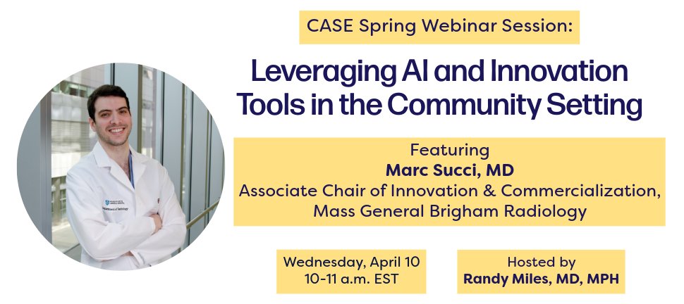 Save the date! 📅✒️☑️ Our #JACR Community and Safety Net Environments (CASE) webinar series continues this week! This time, host @RMilesMD will talk with @MarcSucciMD about leveraging AI and innovation tools in community settings. Dr. Succi is an inventor, entrepreneur, and the…