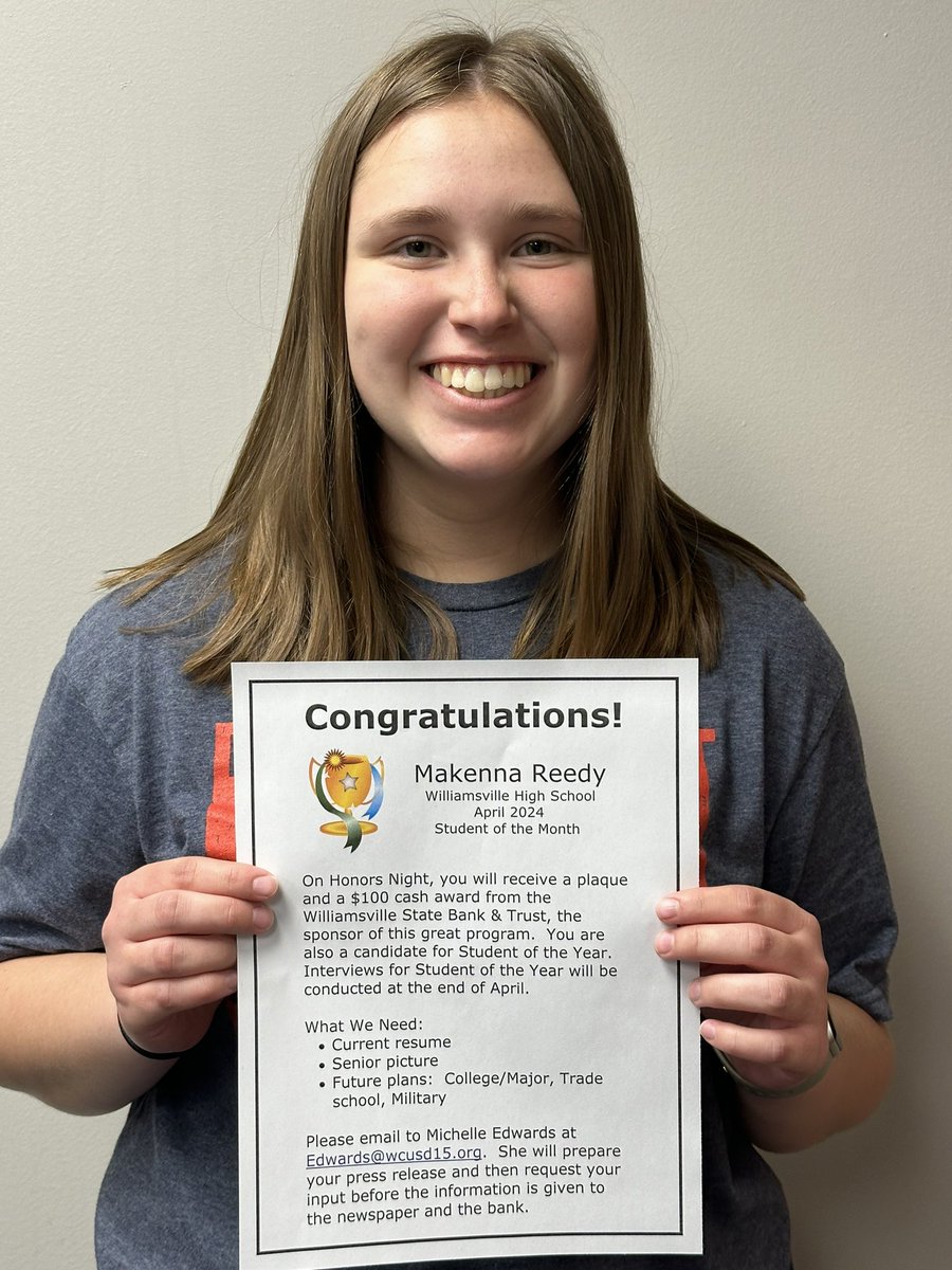 Congratulations to MaKenna Reedy. She was selected as the WHS Student of the Month for April! #bulletpride