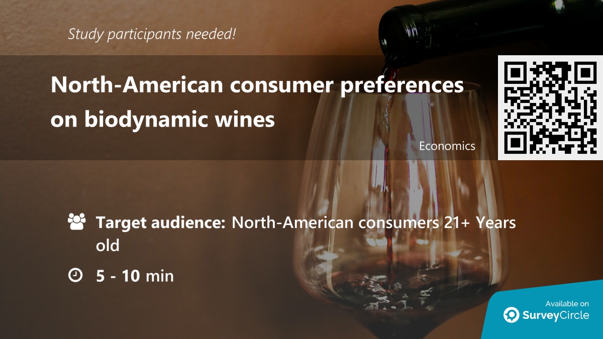 Participants needed for online survey!

Topic: 'North-American consumer preferences on biodynamic wines' surveycircle.com/YMP7FQ/ via @SurveyCircle #UPorto

#biodynamic #wine #consumer #sor