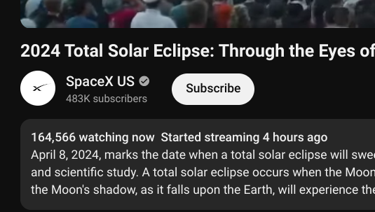 One of the most watched eclipse livestreams on YouTube is a fake SpaceX stream featuring deepfake @elonmusk promoting a crypto scam promising '2X return'. Currently 164K live viewers.😅