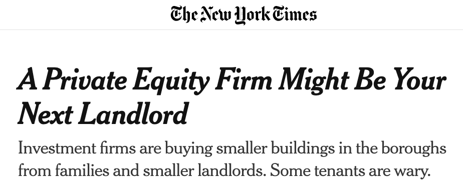 As private equity companies buy up small buildings,
<a href="/GovKathyHochul/">Governor Kathy Hochul</a> is trying to fully exempt them from
<a href="/GoodCause/">goodcause</a>.   

This "Blackstone exemption" will destroy our neighborhoods and pad the pockets of luxury real estate.

nytimes.com/2023/08/15/nyr…