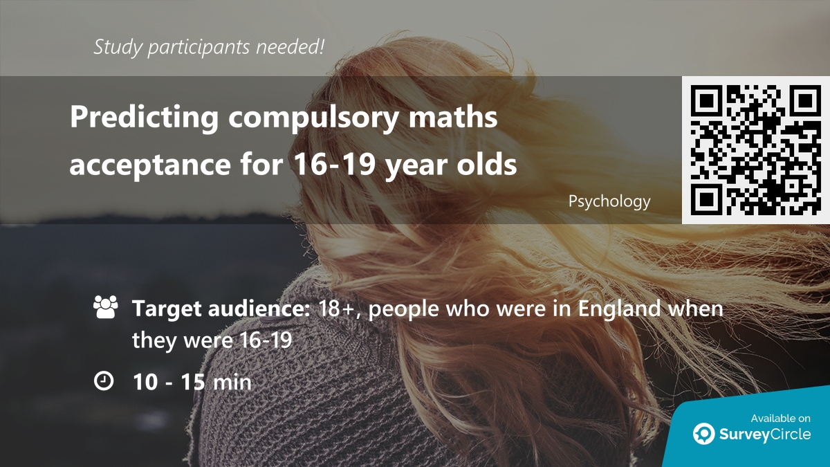 daily_research's tweet image. Participants needed for online survey!
Topic: "Predicting compulsory maths acceptance for 16-19 year olds" surveycircle.com/86G5RP/ via @SurveyCircle #OpenUniversity
#MultipleRegression #maths #selfefficacy #age