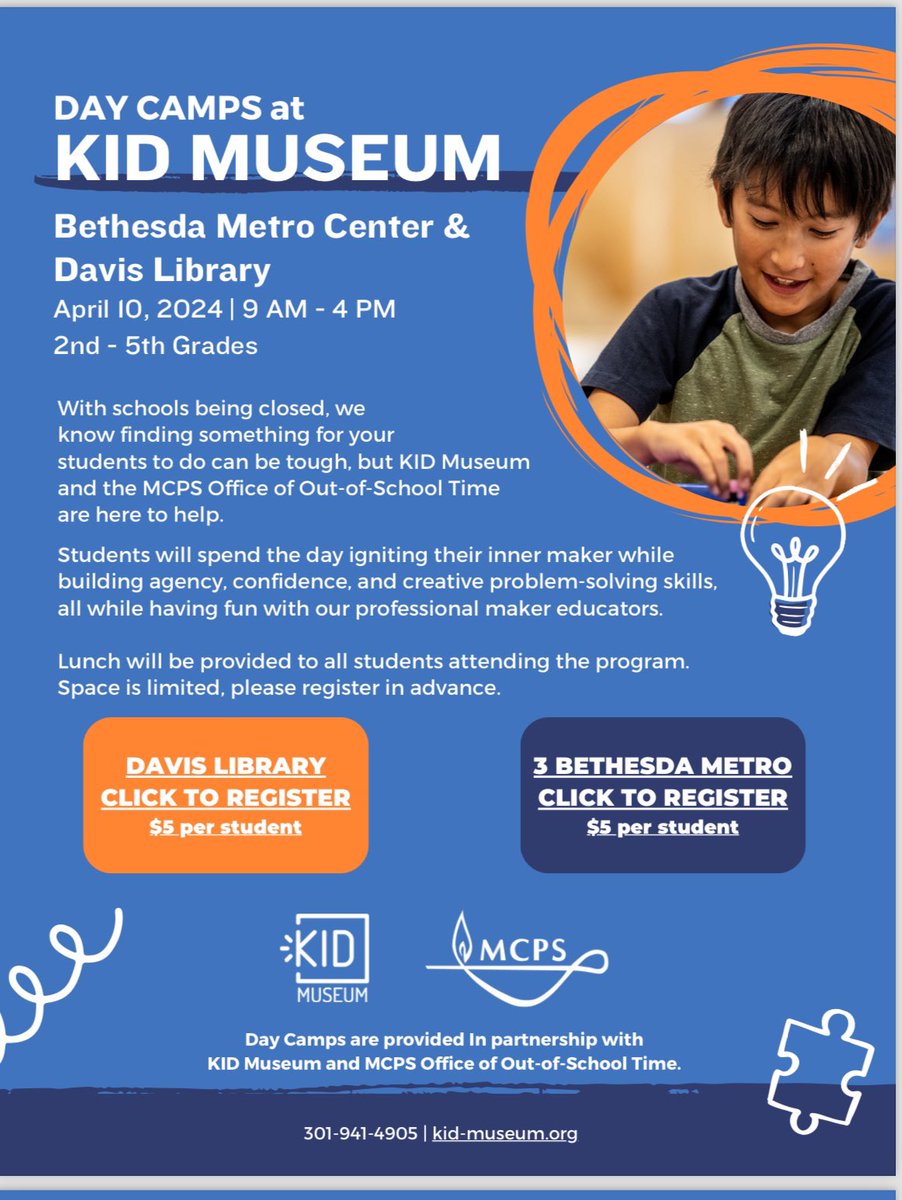 Guess what! It’s not too late to register for the Davis location! kid-museum.my.salesforce-sites.com/ticket/?acode=…. @MCPS @KIDMuseumMD