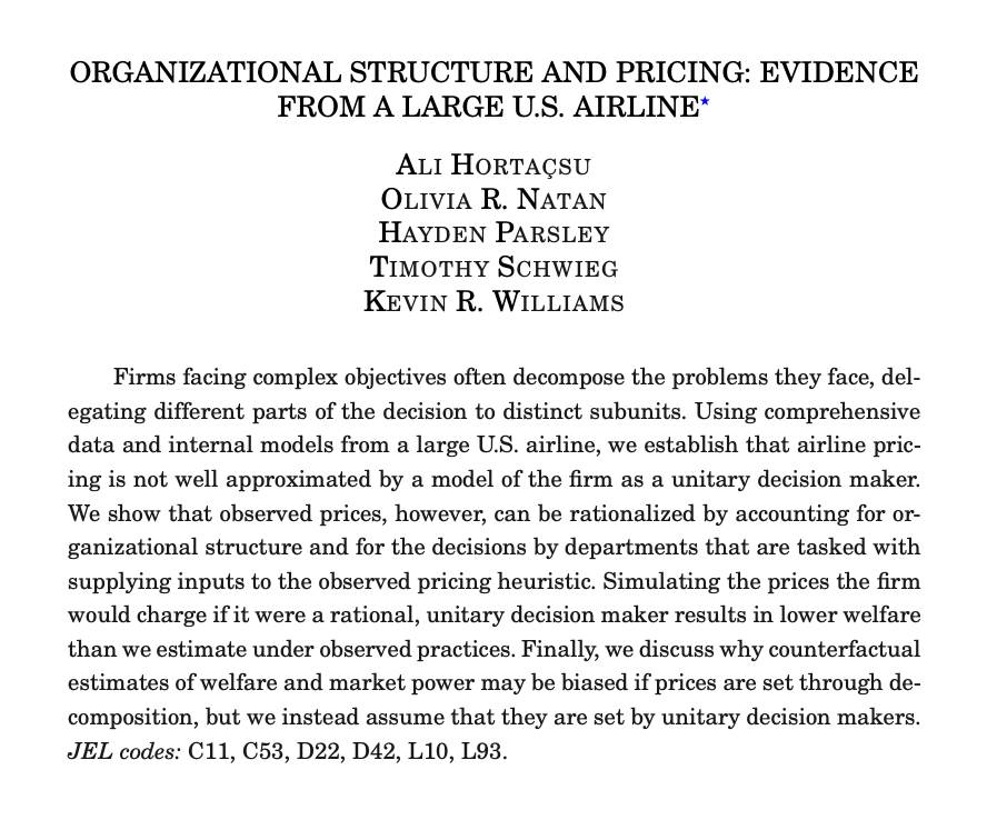 NEW in @QJEHarvard: Organizational Structure and Pricing: Evidence from a Large U.S. Airline By Ali Hortaçsu (@UChi_Economics), Olivia R. Natan (@BerkeleyHaas), Hayden Parsley (@UTAustinEcon), Timothy Schwieg (@ChicagoBooth), & @mrequalsmc (@YaleSOM): economics.yale.edu/research/cfdp-…