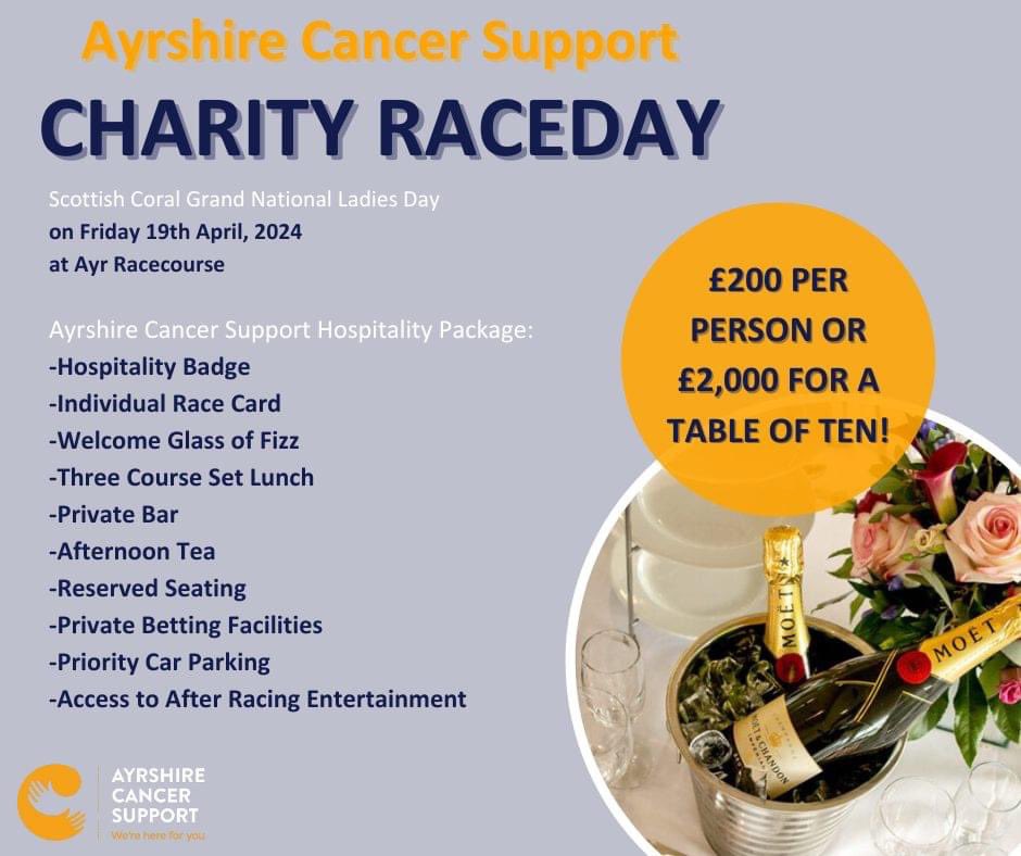 ✨ Ayrshire Cancer Support Annual Raceday ✨ Looking for last minute hospitality tickets? It is now under 2 weeks to go until the Scottish Coral Grand National Ladies Day at Ayr Racecourse! To secure your table or to buy individual tickets, email us fundraising@ayrshirecs.org🧡