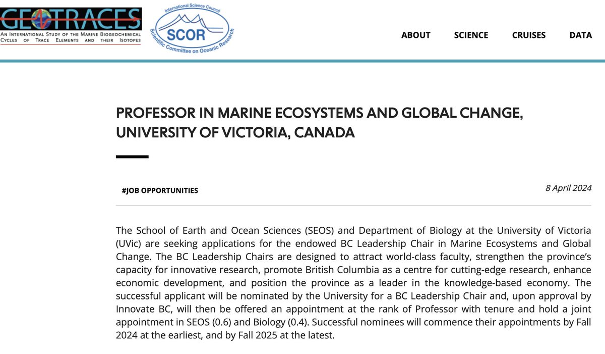 JOB ALERT! The British Columbia Leading Edge Chair in Marine Ecosystems and Global Change @uvic @UVicSEOS Biology @UVicScience is being advertised to the @geotraces community. Contact me if you have questions about this opportunity geotraces.org/professor-in-m…