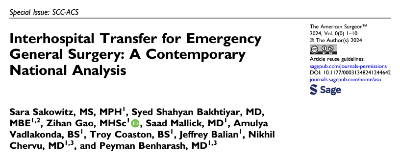 📢 The most contemporary analysis of interhospital #transfer in #emergencygeneralsurgery to date! @SaraSakowitz, @Aortologist &team report: 📈 Growing number of patients transferred 📍 Rural & Midwestern areas linked w/ greater transfer 💰 Greater costs journals.sagepub.com/doi/full/10.11…