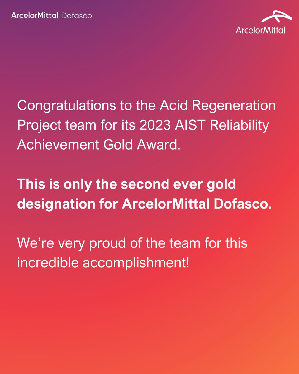 Congrats to the Acid Regeneration Project team for winning ArcelorMittal Dofasco's second @AISTech gold designation reliability maintenance award! The design developed has been shared internally and externally to help create similar systems to ensure reliability of production.