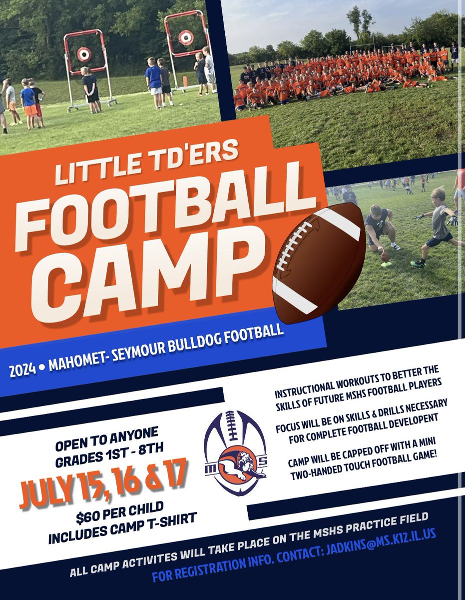 🚨🚨🚨🚨
ATTN: All Mahomet-Seymour Families

Summer “Little TD’ers” Football Camp sign up information below!

📅 July 15-17
⏰5-6:30pm
📍MSHS Practice Field
🏈 mahomet.revtrak.net/hs-menu/rw-sum…