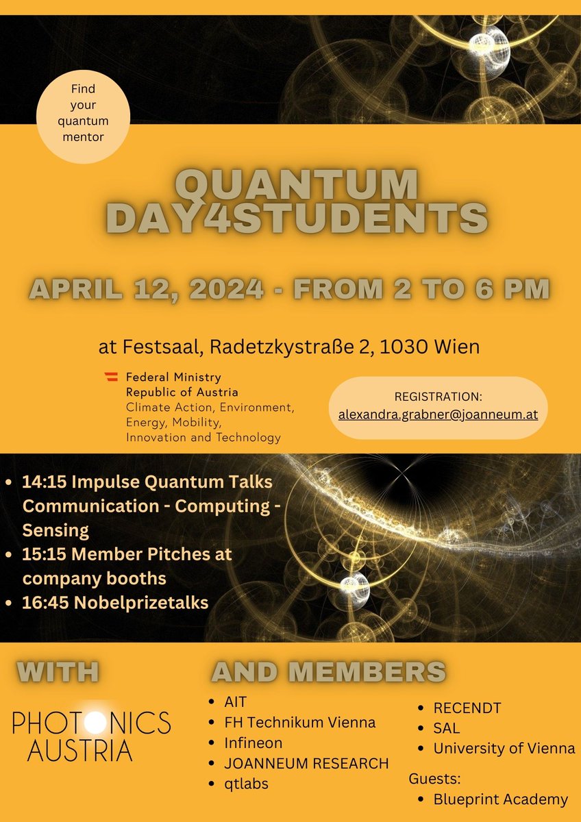 🚀 Quantum Day 2024 in Vienna - Save the Date! 🚀 Join us on April 12, 2024, at the BMK in Vienna for an inspiring day dedicated to #quantum technology, organized with our Quantum Working Group. RSVP by emailing alexandra.grabner@joanneum.at. 🔗 photonics-austria.at/event/quantum-…