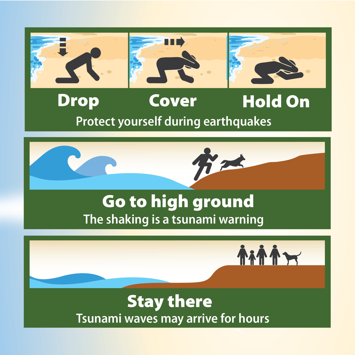 Coastal areas of BC are most at risk of tsunamis. If you’re near the coast & feel shaking: Drop to the ground ✔️ Cover your head with your arms & bend over ✔️ Hold On & count to 60 before getting up then IMMEDIATELY go to high ground & stay there ✔️ PreparedBC.ca/tsunamis