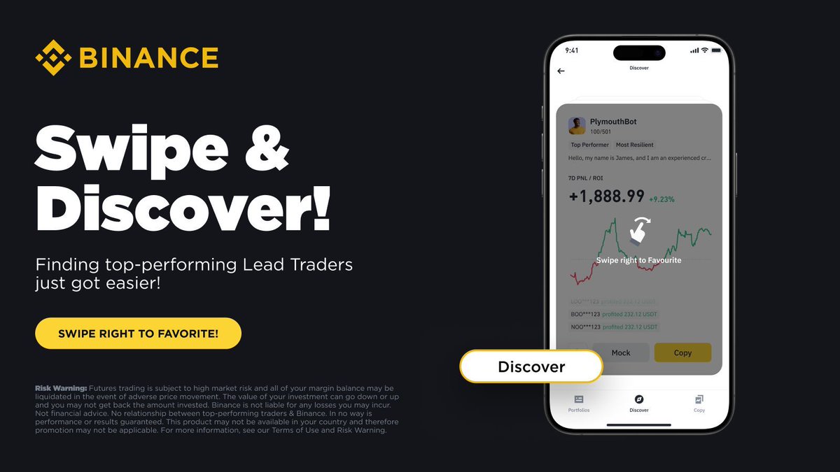 binance's tweet image. Introducing the new 'Discover' feature on #Binance Copy Trading.

Browse, find and copy the top traders with just a simple swipe!

Learn more ➡️ binance.com/en/blog/all/fi…