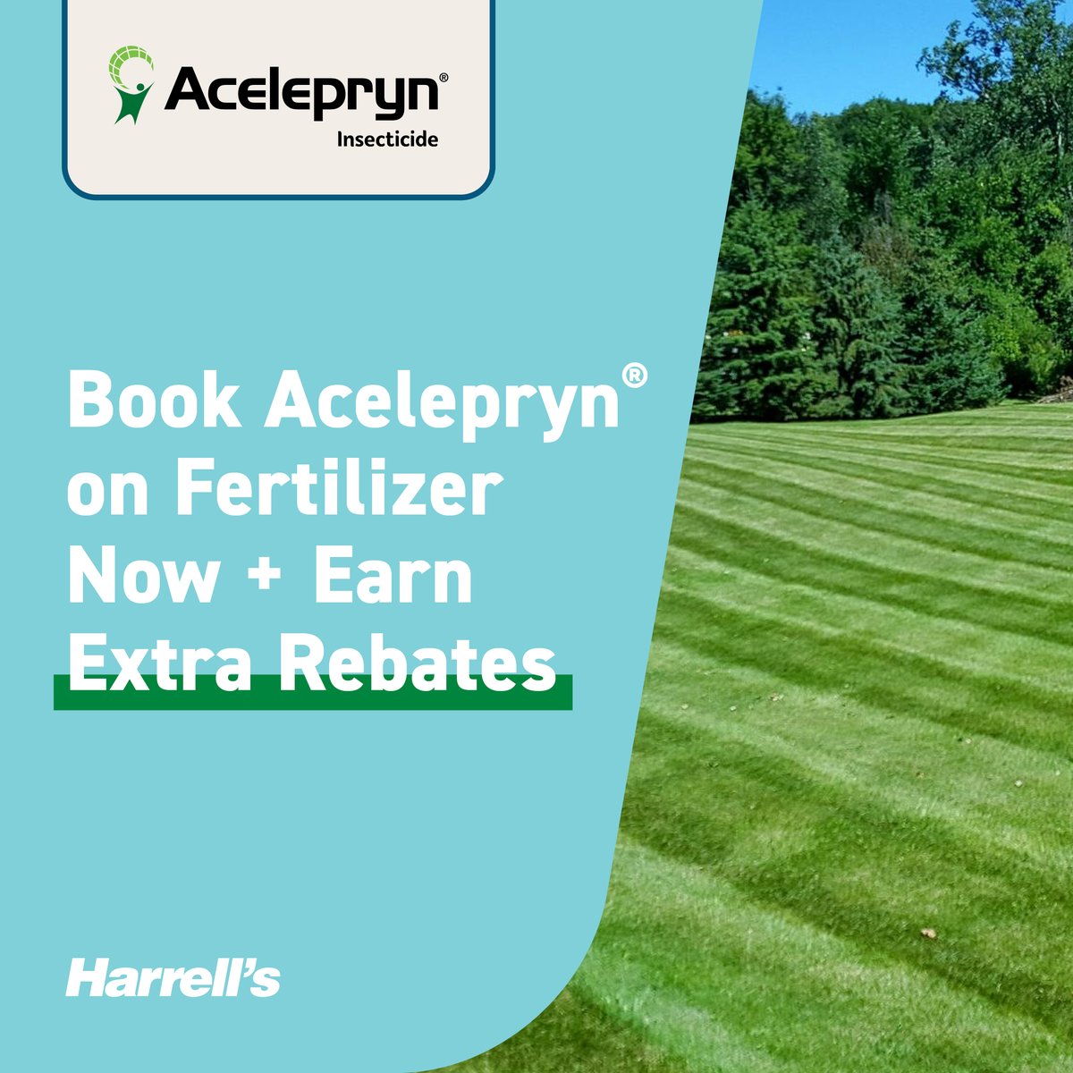 Purchases of Acelepryn® on-fertilizer still count toward establishing the yearlong rebate percentage. *When combined with other qualifying products & totaling $5,000 or more. Purchases must be made from October 1, 2023, through May 31, 2024. Find a rep: harrells.com/Sales