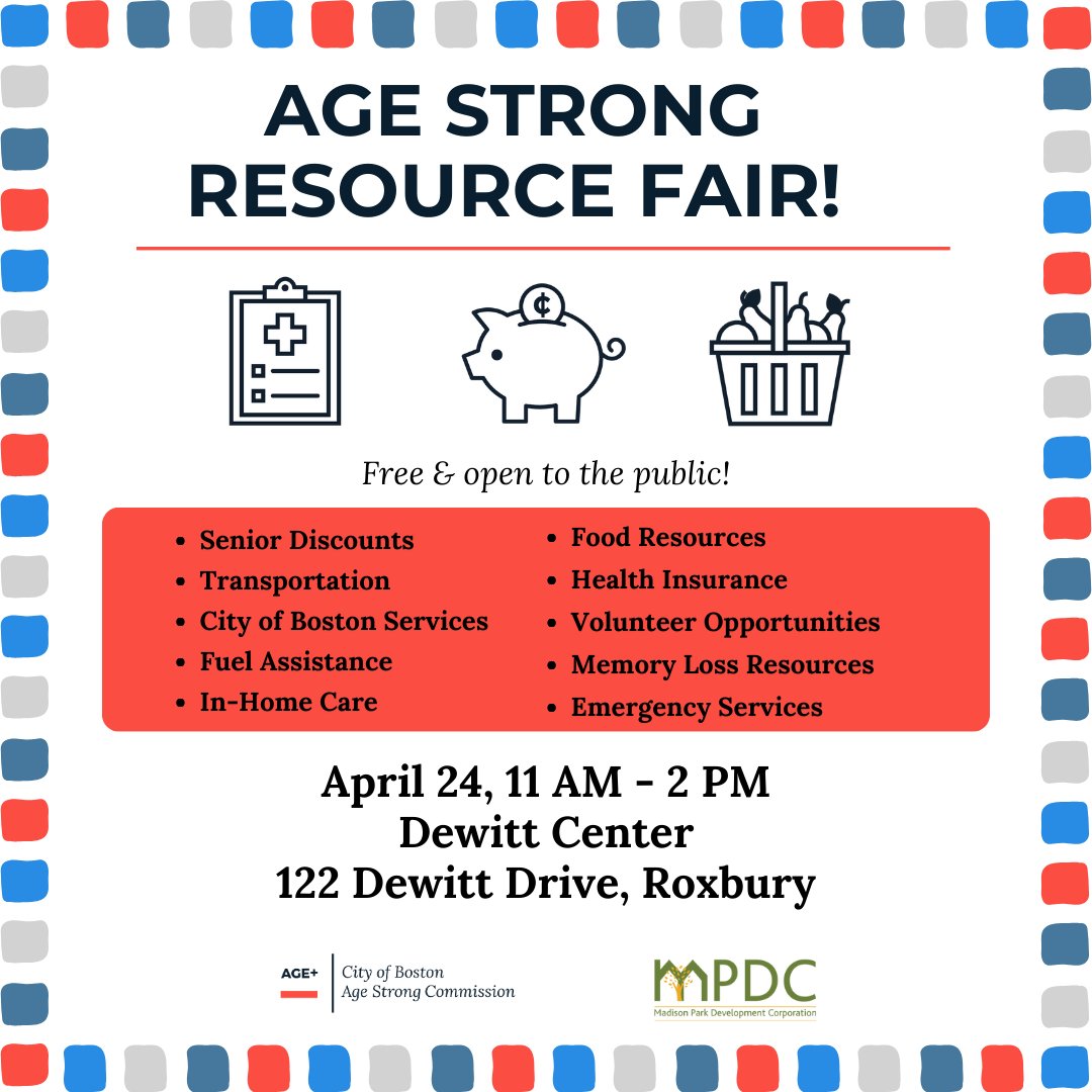 Attend the FREE Age Strong Resource Fair at the Dewitt Center in Roxbury from 11AM-2PM on April 24! Learn about senior discounts, in-home care, fuel assistance, food resources, City of Boston departments, & more! To RSVP, call 617-635-4366 or visit bit.ly/AgeStrongResou…