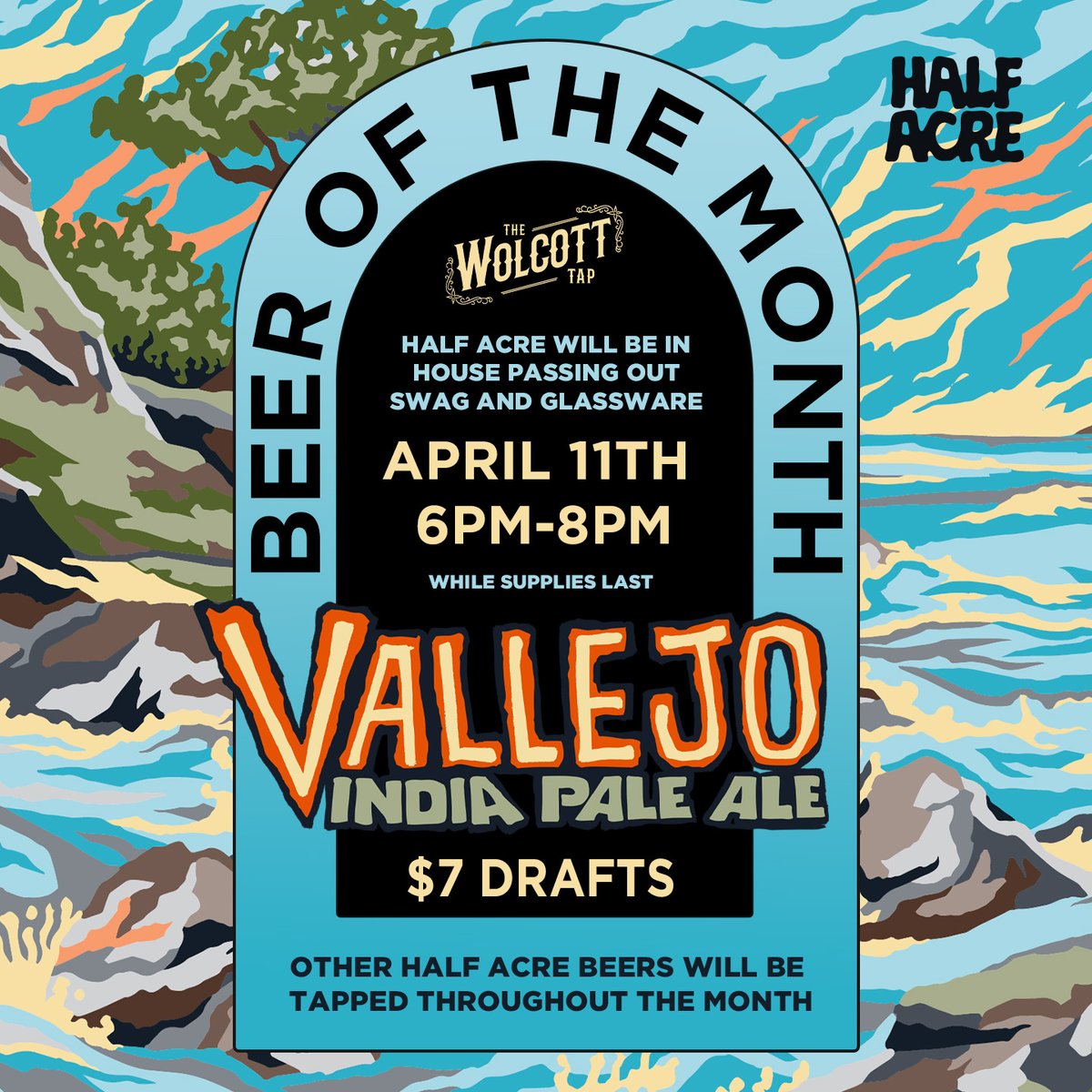 Vallejo IPA is Beer of the Month at The Wolcott Tap. This Thursday, Half Acre will be giving away custom glassware and special giveaways. See you this Thursday at 6pm.