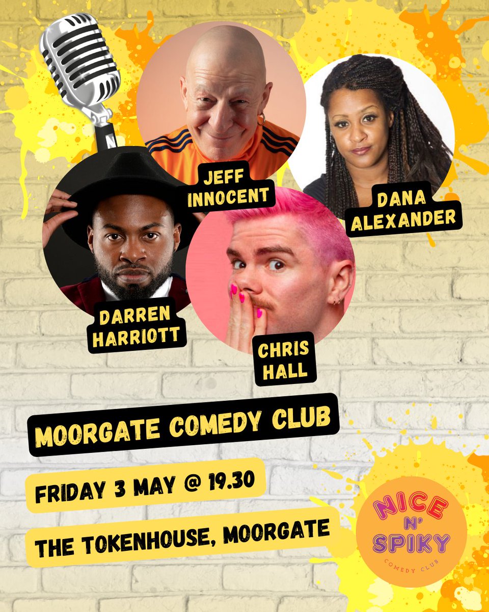 Join us for a night of drinks and laughter at Moorgate's premier comedy club, @The_Tokenhouse on Friday 3 May. 🎤 @InnocentJeff 🎤 Darren Harriott 🎤 @Comediandana 🎤 Chris Hall Tickets won’t hang around, pick yours up now: designmynight.com/london/pubs/ci…