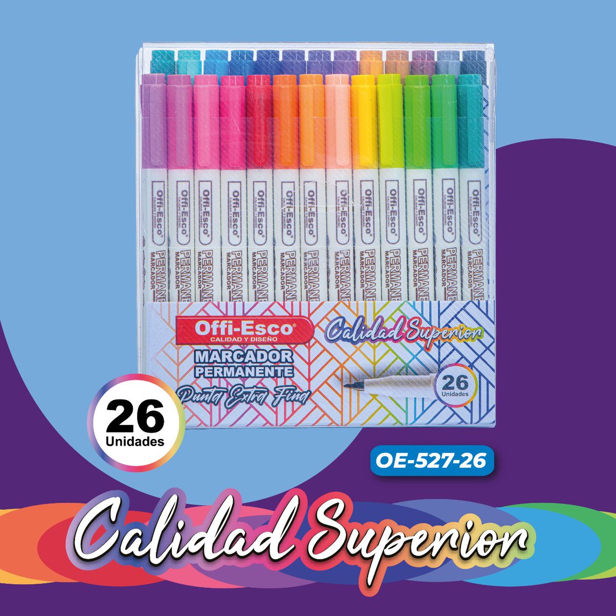 OffiEsco's tweet image. ¡Disponible en 3 presentaciones 12, 24 y 26 #colores intensos! #Offiesco #NuevoProducto #MarcadorExtraFino #OE527