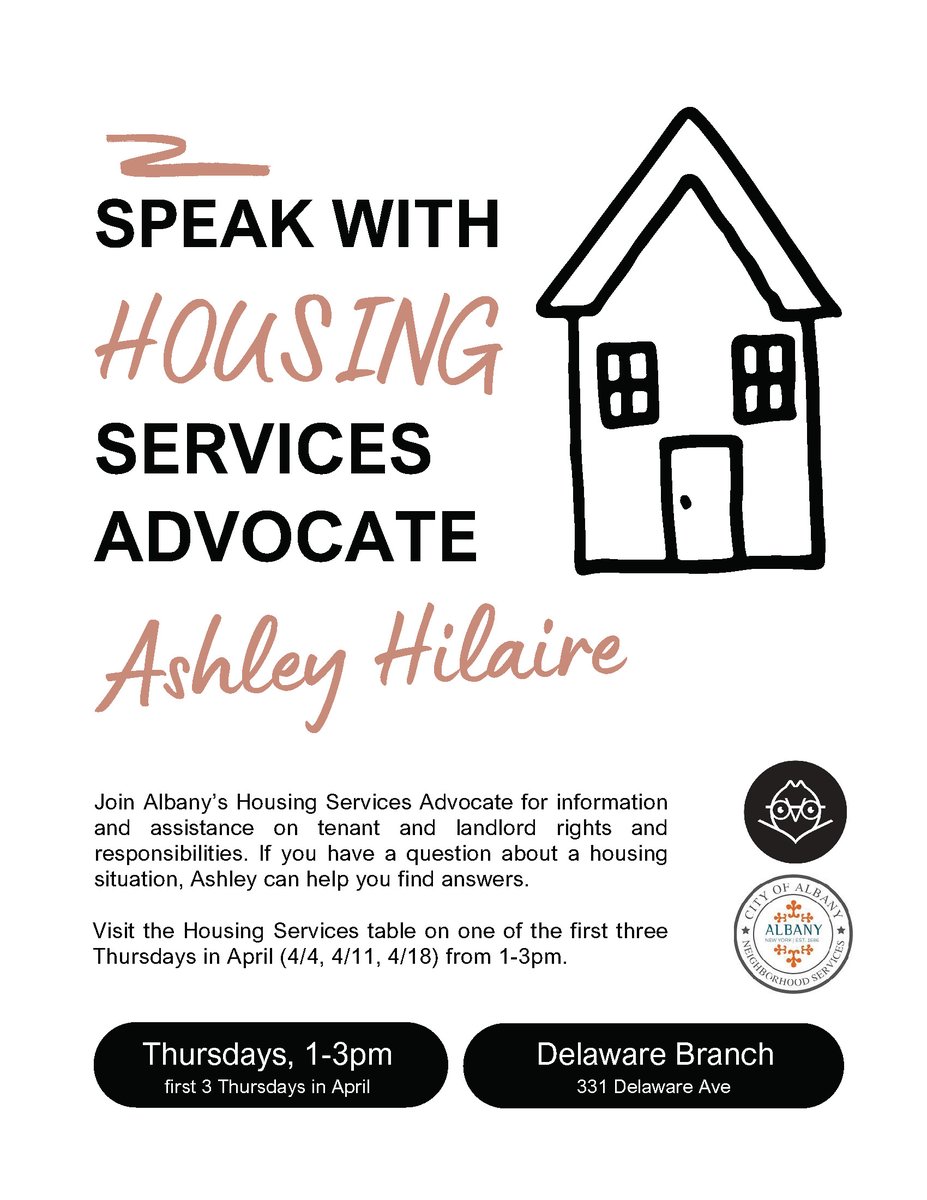 Do you need to know and understand your rights as a tenant? Head over to the Albany Public Library's Delaware Branch on one of the first three Thursdays in April to speak with a Housing Services Advocate. #HousingServices #TenantsRights #LASNNY