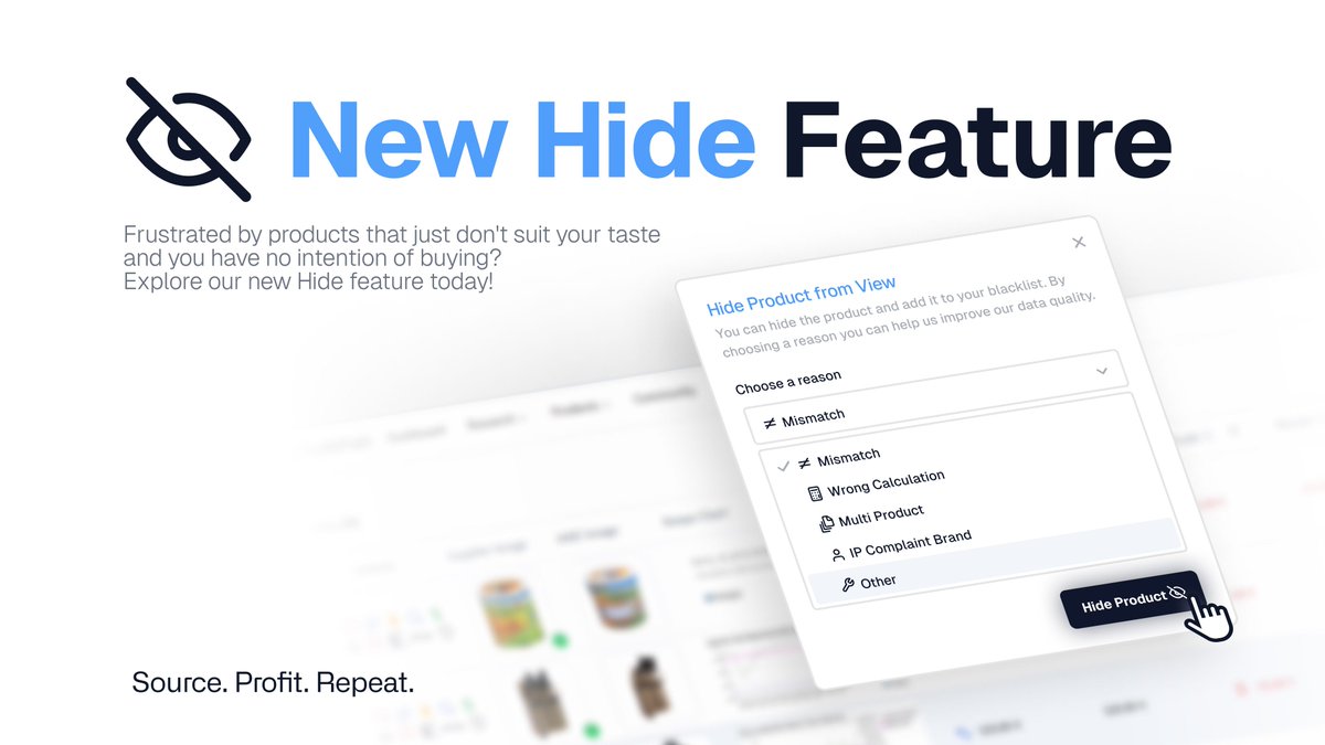 profitpathapp's tweet image. New feature: Hide products with ease! 👁️

From now on you can hide all the annoying products, mismatches or categories that you don't like. This will save you valuable time when sourcing.  📈⏳ 

How would you use ProfitPath for yourself? Let us in the reply section! 😊