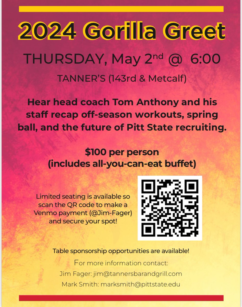 Please join us Thursday, May 2nd for a great opportunity to meet our staff, hear about the present and future of Pitt State Football, and eat some great food!!! 🦍