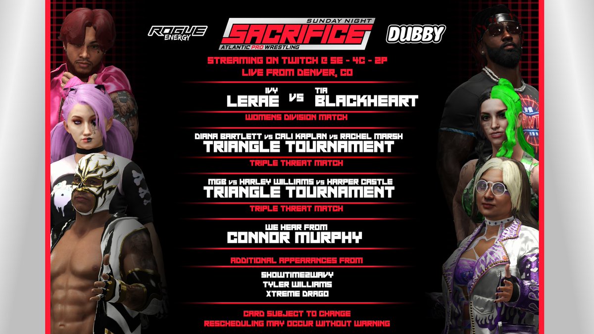 APW Sacrifice: Episode 55!

🏆APW Emerald Championship Tournament Begins!
📌Ivy LeRae vs Tia Blackheart
📣Intercontinental Championship Announcement
🎙️Showtime 2Wavy Explains his Actions
🎙️Connor Murphy Speaks for the first time since SuperClash 2!

+ MORE!

🔴APW Sacrifice🔴