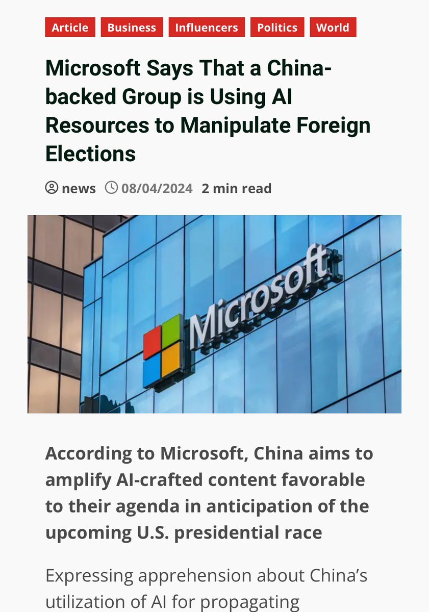 🇬🇧 ELECTIONS MANIPULATION: Microsoft confirmed that China is manipulation foreign elections. With the use of high technology, China is interfering in many elections, trying to prepare the path for the Chinese Communist Party dominance, starting in countries of weak or compromised…