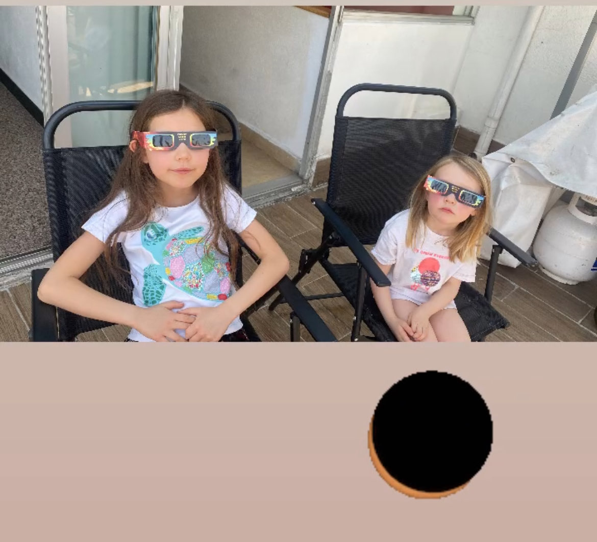 My gorgeous granddaughters watching the eclipse from the prime position of the balcony of their Airbnb in Mexico City. I am so jealous as it’s the best place in the world to see it… (Their papa is Mexican and although they now live just up the road they were born in Mexico!)