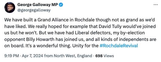 Without a word of explanation or regret George Galloway doubles down on selecting ‘anti-grooming gang’ (we all know what that’s code for) and conspiracist activist Billy Howarth as a Workers Party council election candidate in Rochdale. @uaf @AntiRacismDay @CST_UK