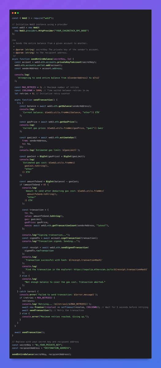 🧵 Sharing a handy @web3_js script for sending the entire balance of an Ethereum account to another address! 💰 Last week, I had trouble using MetaMask to transfer the total amount, so I made this script. This code can be helpful in scenarios like: 💻Consolidating multiple…